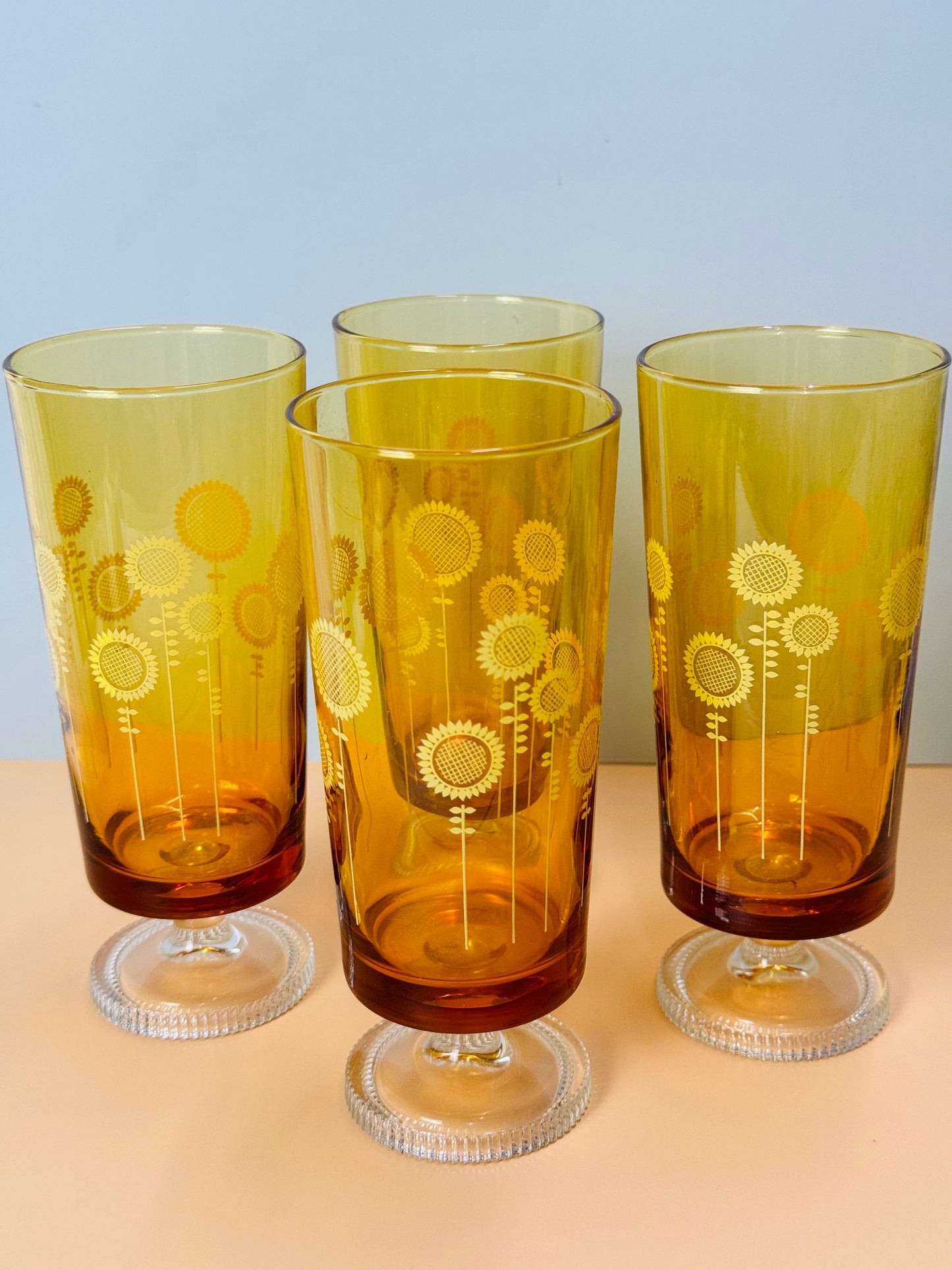 Aderia Vintage Amaber Glasses Sunflower Pedestal Foot Flower Retro Drinking Set