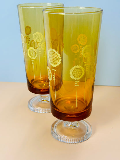 Aderia Vintage Amaber Glasses Sunflower Pedestal Foot Flower Retro Drinking Set