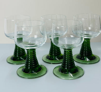 Vintage Green Stemmed German Wine Glasses Set