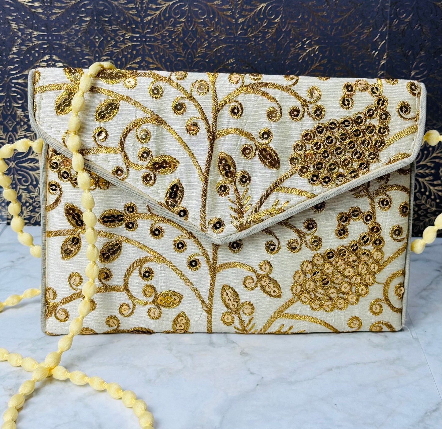 Handcrafted Golden Leaves Embroidered Clutch